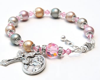Womens Rosary Bracelet - Multi Color Pastel Pearls and Crystal - Choice of Saint Medal - Godmother Catholic Confirmation Gift for Women