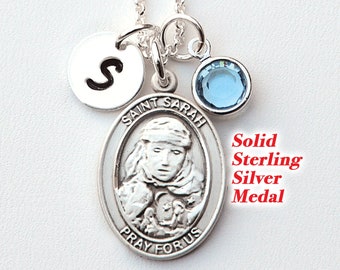 Saint St Sarah Sterling Silver Necklace - Personalized Birthstone or Pearl - Patron Saint of Infertility, Laughter