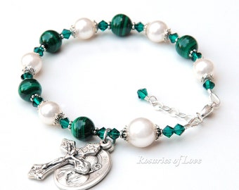 Emerald Green Malachite and White Crystal Pearl Rosary Bracelet - Genuine Semiprecious Gemstones, Choose Your Saint, Catholic Gift for Women