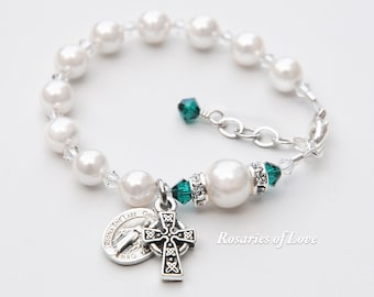 Irish Catholic Baptism Gift for Baby Girls, Emerald Green Crystal Accents, White Pearl Rosary Bracelet, Personalized Celtic Christening Gift