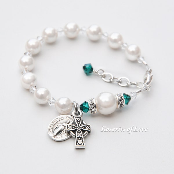 Irish Catholic Baptism Gift for Baby Girls, Emerald Green Crystal Accents, White Pearl Rosary Bracelet, Personalized Celtic Christening Gift