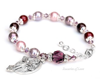 Godmother Gift, Confirmation Gift for Girls - Lilac, Amethyst and Cherry Red Rosary Bracelet - Crystal and Pearls - Choose Your Saint Medal