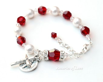 Baby Girl Baptism Gift, Red and White Crystal Pearl Rosary Bracelet, January/July Birthstone, Personalized Catholic Christening Gift Girls