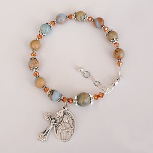 Earthy Aqua Terra Impression Jasper Gemstone Rosary Bracelet, Copper Crystal - Choose Your Saint Medal - Godmother Gift