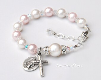 Baby Girl Baptism Gift - PINK AND WHITE Rosary Bracelet with Sparkly Crystals - Personalized Letter Option - Christening Gift