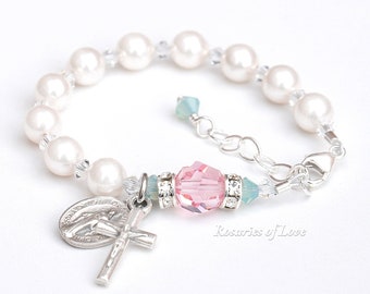 Baby Girl Baptism Gift - Mint and Light Pink Rosary Bracelet, Clear Crystals, White Pearls - Personalized Letter Option - Christening Gift
