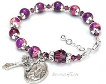 Purple Gemstone / Amethyst Crystal Rosary Bracelet for Women -Confirmation Gift for Teens -Choose Your Catholic Saint -Mixed Purple Gemstone