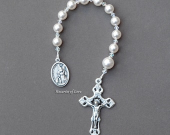 Baptism Gift for a Baby Girl or Baby Boy - Personalized Rosary Chaplet - ALL WHITE Crystal Pearls  - Catholic Christening - Guardian Angel