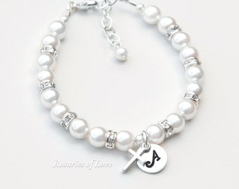 First Communion Girls Bracelet – White Pearl, Rhinestone, Sterling Silver Cross, Personalized Letter