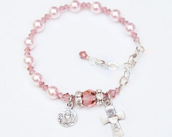 First Holy Communion Gift for Girls - Blush Rose and Light Pink Pearl Crystal Rosary Bracelet - Personalized Letter Option