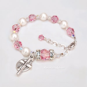 Baby Girl Baptism Gift - Light Pink Rose Crystal and White Pearl Rosary Bracelet - Personalized Letter Option - Catholic Christening Gift