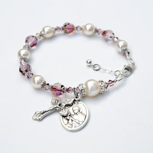 Rozenkrans armband gebedskralen voor vrouwen, lila roze en ivoor crème kristal, keuze uit heilige medaille, meter cadeau, katholiek cadeau voor haar
