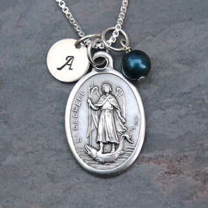 Archangel Saint St Raphael Necklace - Personalized - Crystal Birthstone or Pearl - Patron of the blind, eye problems, pharmacists