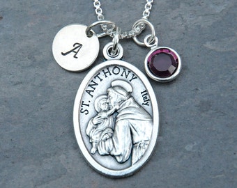 Saint St Anthony Necklace - Personalized - Crystal Birthstone or Pearl - Patron of lost items, the poor, elderly, sterility