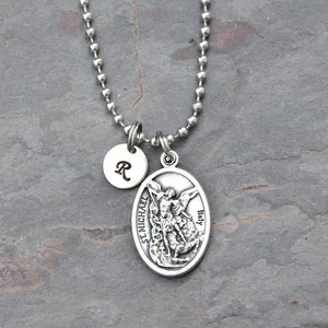 Men&#39;s Saint St Michael Necklace, Stainless Steel Ball or Curb Chain,  Personalized Letter, Protector, Police, Military Gift for Men, Unisex
