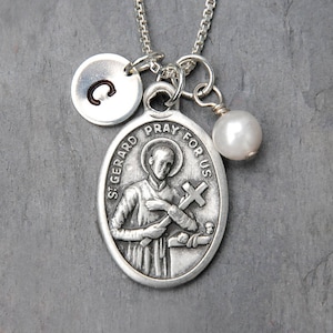 Pregnancy Motherhood Childbirth Fertility - Saint St Gerard Necklace - Custom Initial Stamp - Crystal Birthstone or Pearl