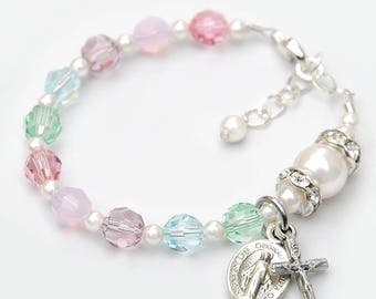 Baptism Gift for Baby Girl - Beautiful Crystal Baptism Rosary Bracelet - Pastel Colors, White Pearls - Catholic Christening Gift