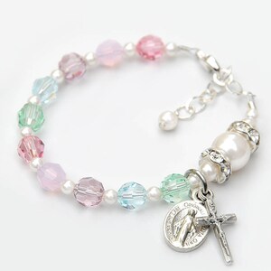 Baptism Gift for Baby Girl - Beautiful Crystal Baptism Rosary Bracelet - Pastel Colors, White Pearls - Catholic Christening Gift