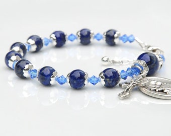 Catholic Gift for Women/Teens, Lapis Lazuli Gemstone, Sapphire Blue Crystal Rosary Bracelet -Choose Your Saint -Godmother, Confirmation Gift
