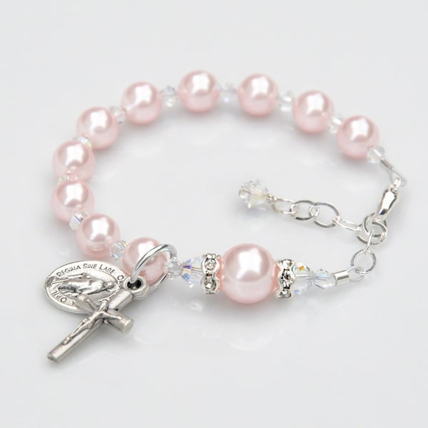 Baby Girl Baptism Gift - Pink Rosary Bracelet - Personalized Letter Option - Pink Pearls Sparkly Clear Crystal - Catholic Christening Gift