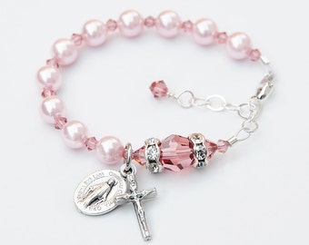 Baby Girl Baptism Rosary Bracelet - Light Pink Pearl and Blush Rose Crystal -Personalized Initial - Catholic Christening Gift