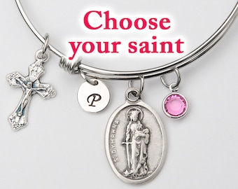 Confirmation Gift for Girls or Women - Choose Your Catholic Saint - Personalized Adjustable Bangle Bracelet - Stainless Steel Expandable