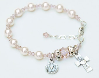 First Holy Communion Gift for Girls - Ivory Cream Pearl and Vintage Rose Pink Crystal Rosary Bracelet - Personalized Letter Option