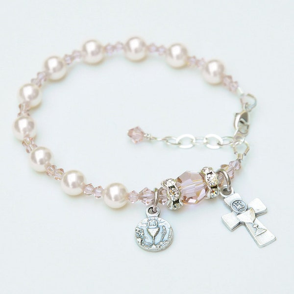 Cadeau première communion pour fille - Bracelet chapelet en perles crème ivoire et chapelet en cristal rose vintage - Option lettre personnalisée