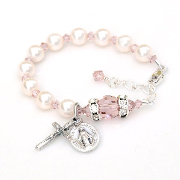 Baby Girl Baptism Gift Rosary Bracelet -Ivory Cream Pearls with Vintage Rose Pink Crystals -Personalized Catholic Christening Gift