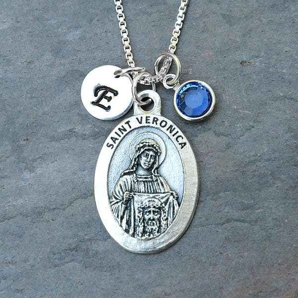 Saint St Veronica Necklace - Personalized Initial, Crystal Birthstone or Pearl -Patron of Laundry Workers, Photographers, Pictures