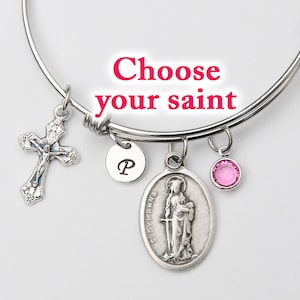 Confirmation Gift for Girls or Women - Choose Your Catholic Saint - Personalized Adjustable Bangle Bracelet - Stainless Steel Expandable