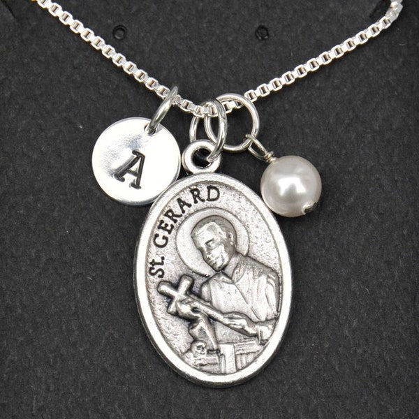 Pregnancy Motherhood Childbirth Fertility - Saint St Gerard Necklace - Custom Initial Stamp - Crystal Birthstone or Pearl