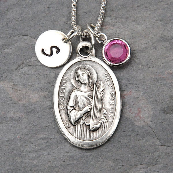 Saint St Cecilia Necklace - Personalized - Crystal Birthstone or Pearl - Patron saint of musicians, singers, poets, church music