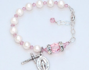 Baby Girl Light Pink Rosary Baptism Bracelet - Personalized Custom Initial - Crystal and White Pearls - Catholic Christening Gift