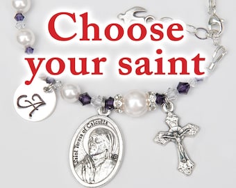 Confirmation Gift for Girls or Teens - Choose Your Catholic Saint - Purple and White Personalized Crystal Rosary Bracelet
