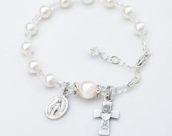 First Holy Communion Gift for Girls - White Crystal Pearl Bracelet - Personalized Letter Option - Adjustable Sizing -Catholic Gift