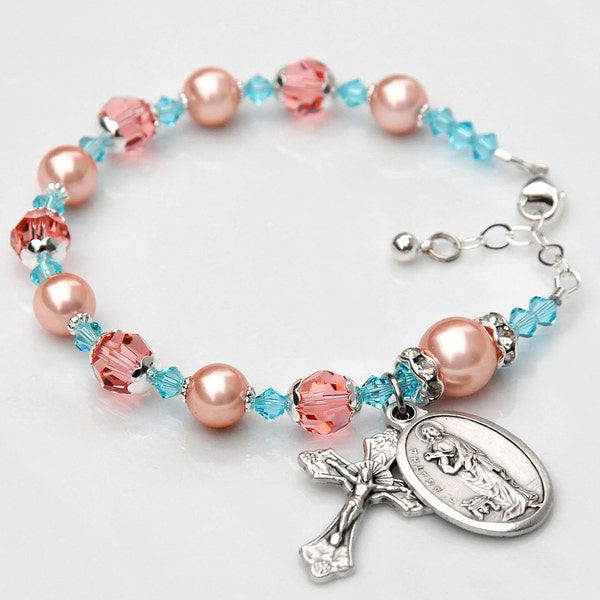 Catholic Gift for Women - Godmother Gift - Rose Peach Light Turquoise Crystal Rosary Bracelet - Choose Your Saint Medal
