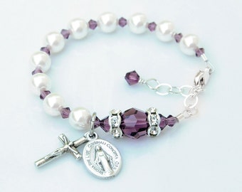 Baby Girl Baptism Gift - Purple Amethyst Birthstone Rosary Bracelet - Crystal White Pearls - Personalized Catholic Christening