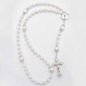 First Holy Communion Gift for Girls - White Crystal Pearl Rosary with White Enamel Cross and Chalice - Personalized Name Catholic Girl Gift