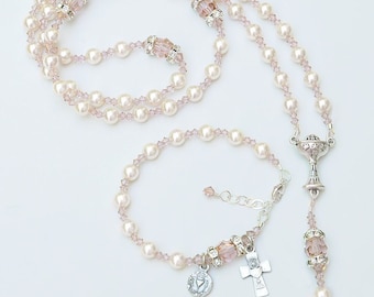First Holy Communion Gift for Girls, Personalized Crystal Heirloom Rosary Beads/Matching Bracelet, Vintage Rose Pink Crystal, Cream Pearls