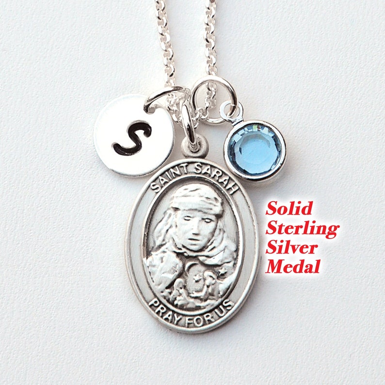 Saint St Sarah Sterling Silver Necklace Personalized Birthstone or Pearl Patron Saint of Infertility, Laughter image 1