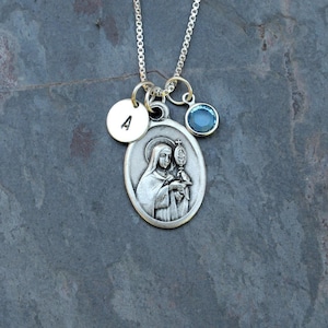 Saint St Clare of Assisi Necklace - Personalized Initial, Crystal Birthstone or Pearl - Goldsmiths, Eye Disease, Needleworkers
