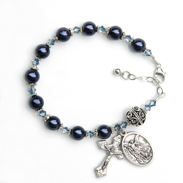 Night Blue St Saint Michael Rosary Bracelet or Choose Your Saint Medal - Crystal Pearl -Catholic Gift, Protector, Spouse of Police