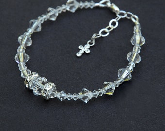 First Holy Communion Gift for Girls - Crystal Bracelet - Personalized Letter Option -Adjustable Sizing -Catholic Gift for Girls