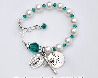 Baptism Bracelet for Girls - Emerald Green May Birthstone - Personalized Crystal Pearls Rosary Bracelet -Catholic Christening Gift