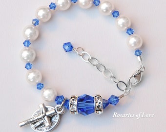 Baby Girl or Boy Baptism Rosary Bracelet - Sapphire Blue September Birthstone, Personalized, Crystal White Pearls, Catholic Christening Gift