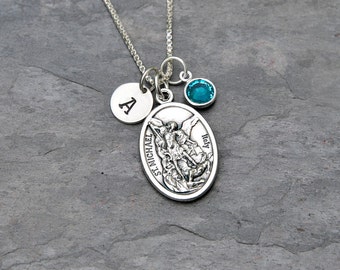 Saint St Michael Necklace - Personalized Initial Charm, Crystal Birthstone or Pearl - Protector, Police, Military