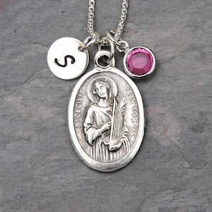 Saint St Cecilia Necklace - Personalized - Crystal Birthstone or Pearl - Patron saint of musicians, singers, poets, church music