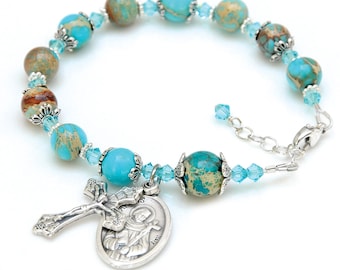 Turquoise Blue Gemstone Rosary Bracelet, Confirmation Gift for a Girl, Godmother Gift - Choose Your Saint - Catholic Jewelry for Women/Teens