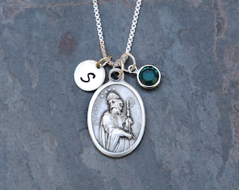 Saint St Patrick Necklace - Personalized Initial, Crystal Birthstone or Pearl - Patron Saint of Ireland, Paralegals, Engineers